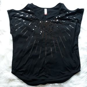 Cold shoulder black sequin shirt